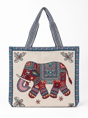 Thai Elephant Woven Tote Bag Blue Border Large Zipper Shoulder Bag